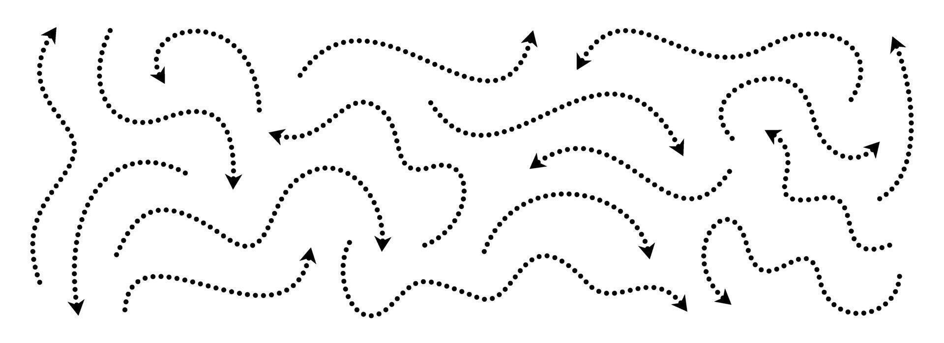 Black dotted thin arrows set. Wavy and curved dashed arrow collection. Doodle sketched pointers and direction lines. Dots squiggle stripe design elements bundle for flyer, poster, brochure vector