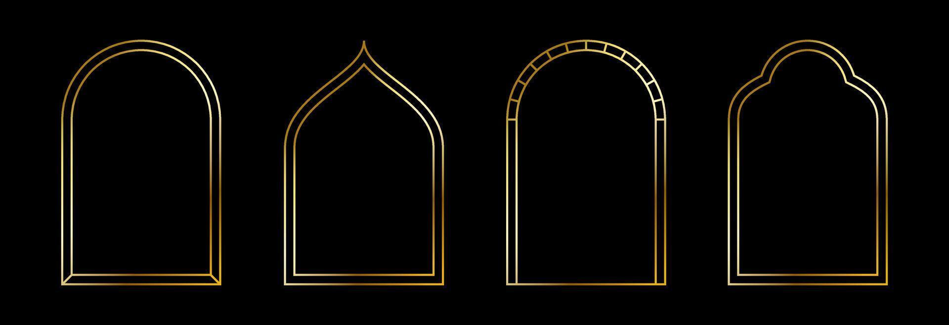 Thin golden arch set. Gold arc border frame collection in oriental style. Muslim linear shining curve shape bundle. Glowing shiny boarder element pack for photo, cadre, poster, card. vector