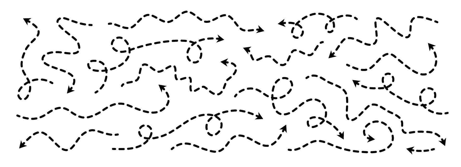 Comic dotted thin arrow set. Wavy and curved dashed pointer collection. Squiggle sketchy direction lines. Dots squiggle loop stripe design elements bundle for flyer, poster, brochure. vector