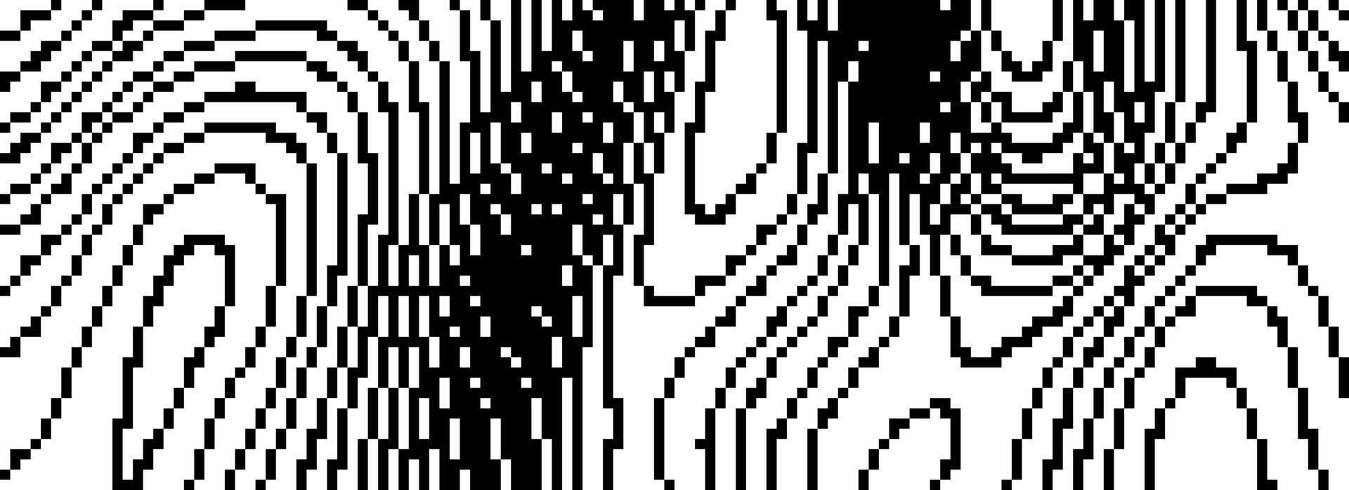 Dithered wavy curve line texture. Black pixelated glitch background. Digitalized distorted backdrop for banner, poster, flyer, brochure, booklet. Abstract rasterized noise overlay wallpaper. vector