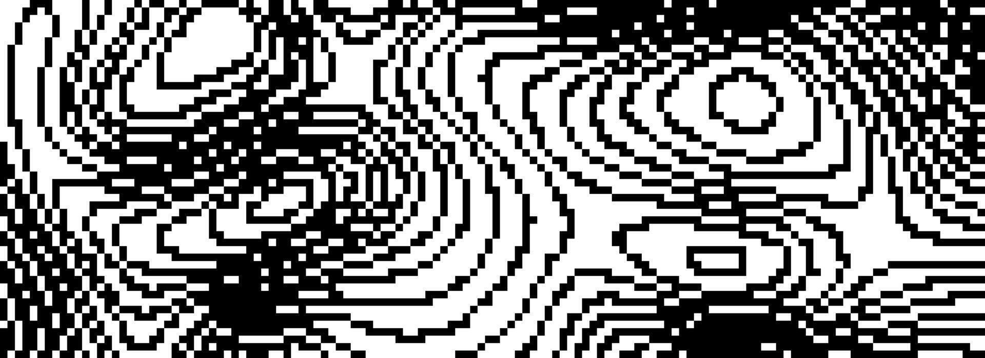 Black dithered wavy curved line background. 8 bit pixel glitch texture. Rasterized stripe overlay wallpaper. Chaotic digitalize distorted backdrop for banner, poster, flyer, brochure, booklet vector