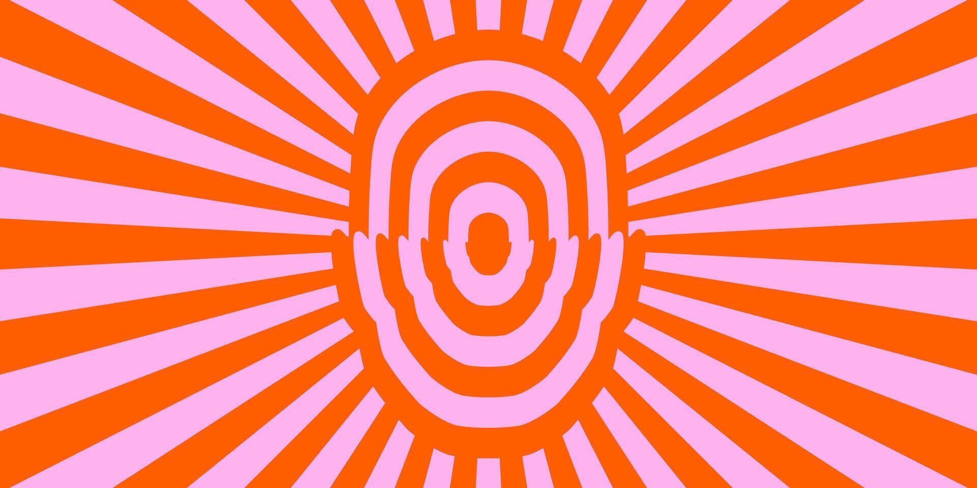 Retro trippy psychedelic background. Red and pink groovy head with ray burst wallpaper. Vintage colorful hippie tunnel poster design. Mental hypnotic vibes concept. vector