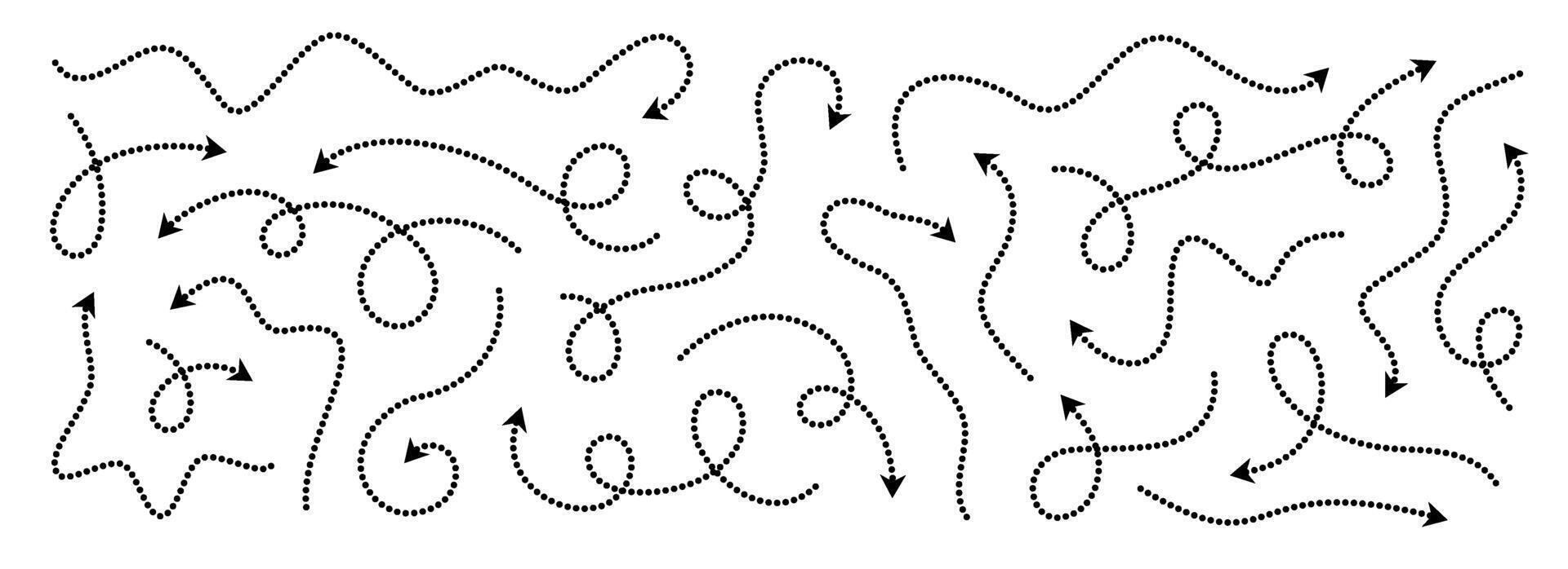 Comic dotted thin arrow set. Wavy curved dashed pointer collection. Squiggle sketchy direction lines. Dots squiggle loop stripe design elements bundle for flyer, poster, brochure, banner vector
