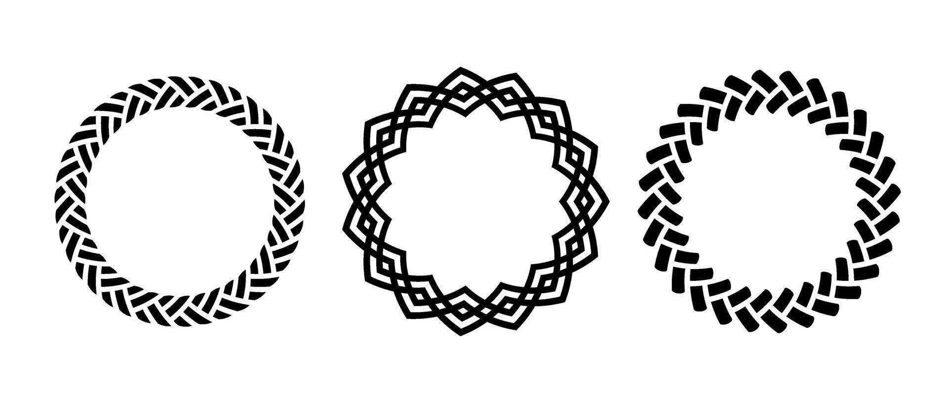Retro knot circle frame set. Vintage celtic round border collection. Braid and rope ornament and motif pattern for banner, poster, frame, border. Black circular design elements bundle. vector