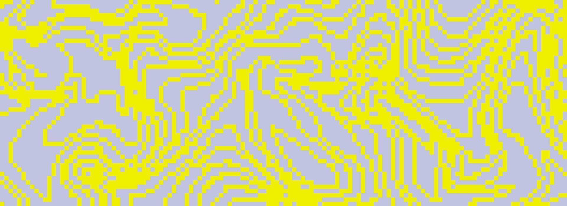 Neon dithered curved wavy texture. Yellow and grey pixelated glitch lines background. Digitalized distorted stripes for banner, poster, flyer, booklet. Abstract rasterized overlay wallpaper vector
