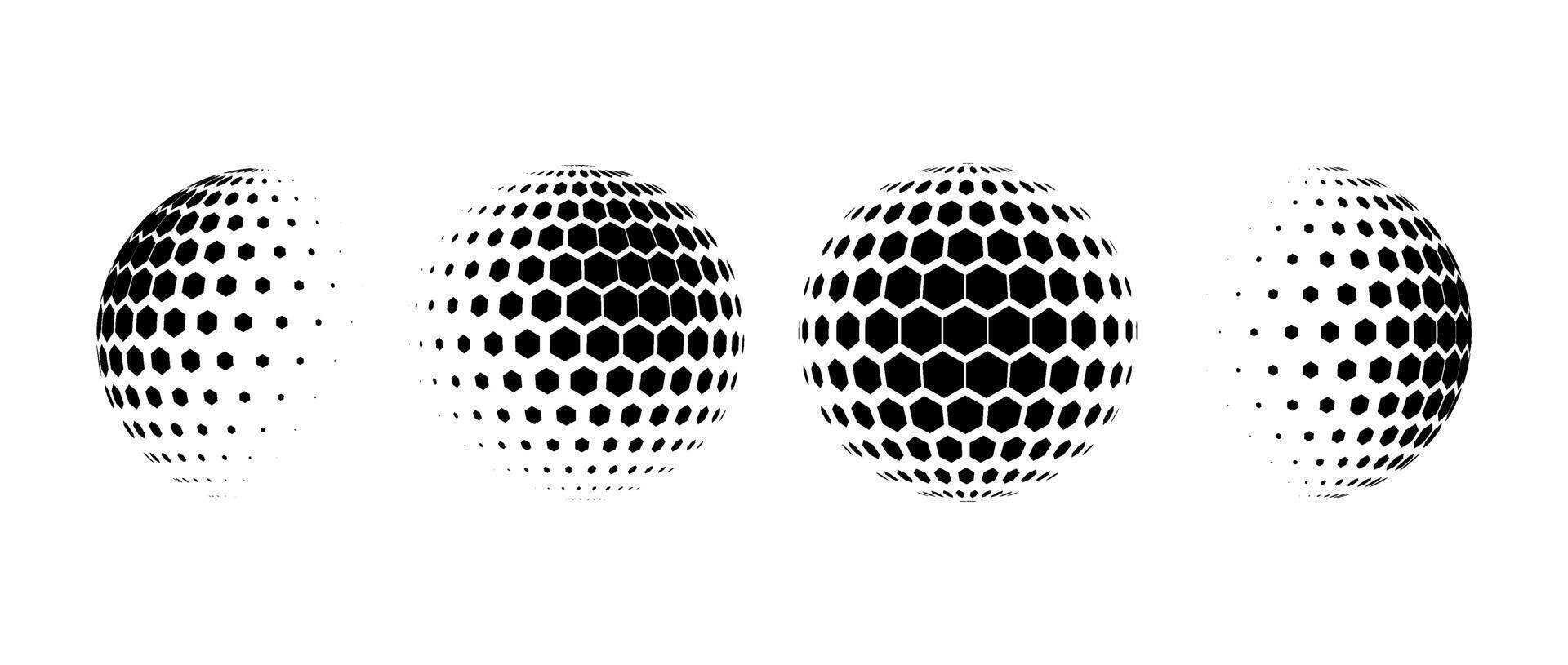 Black halftone pattern sphere collection. Hexagon wireframe 3d circle set. Grid globe element bundle. Round dotted shape pack for tech poster, banner, cover, emblem, leaflet. vector