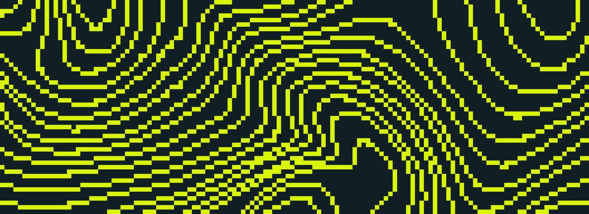 Neon green dithered curved wavy texture. Black yellow pixelated glitch lines background. Digitalized distorted stripes for banner, poster, flyer, booklet. Abstract rasterized overlay wallpaper. vector