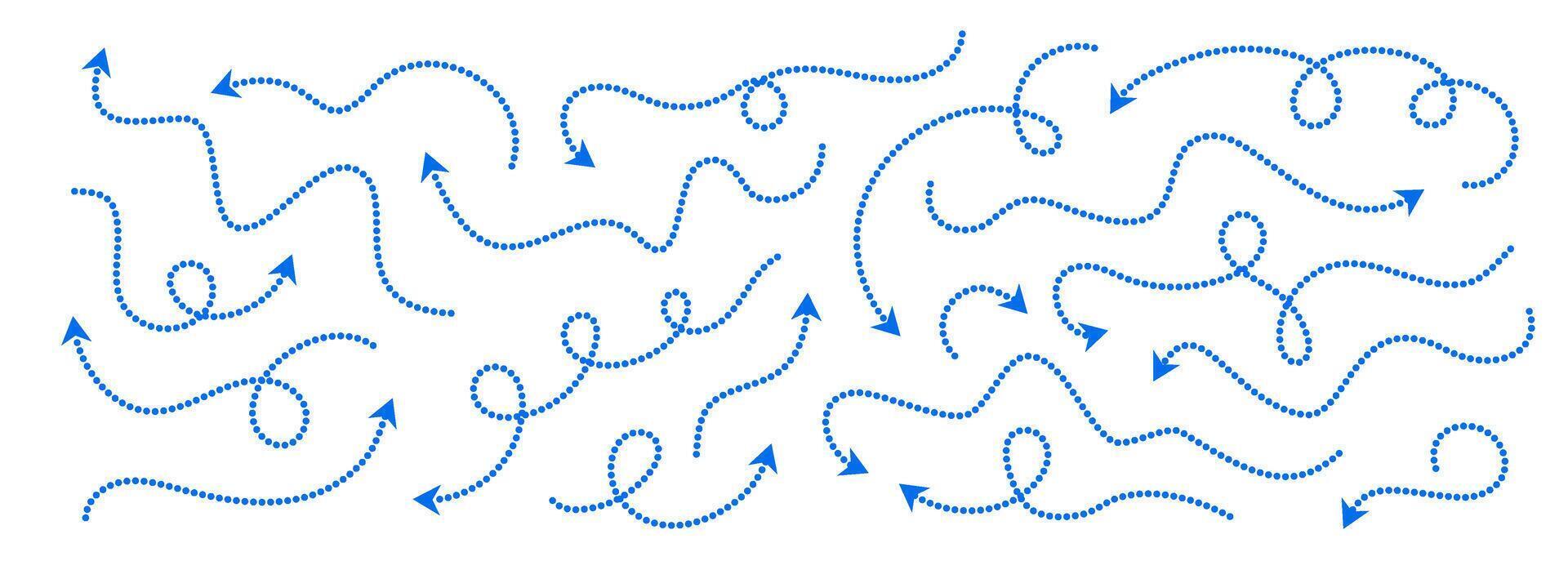 Comic dotted thin arrow set. Blue curved dashed pointer collection. Squiggle sketchy direction lines. Dots squiggle loop stripe design elements bundle for flyer, poster, brochure, banner. vector