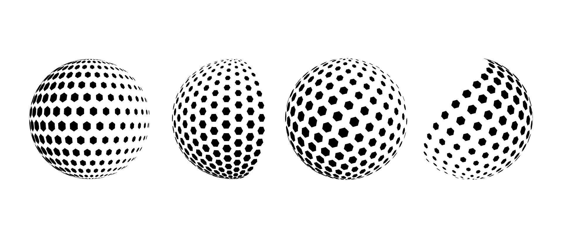 Black halftone pattern sphere collection. Hexagon wireframe 3d circle set. Grid globe element bundle. Round shape pack for tech poster, banner, cover, emblem, leaflet. vector