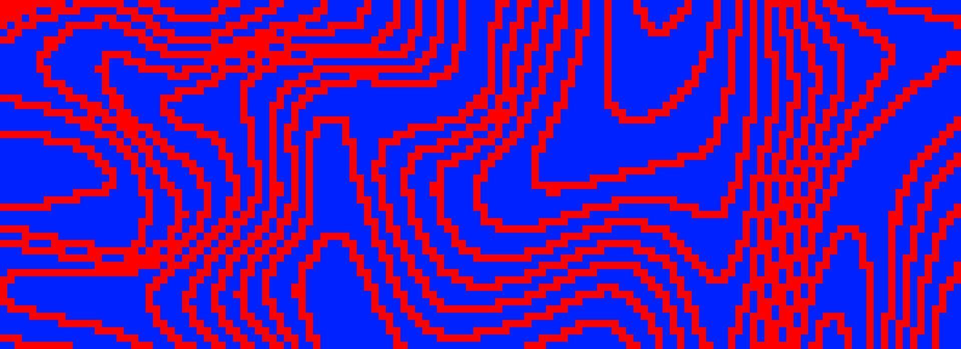 Red and blue dithered curved wavy texture. Pixelated glitch lines background. Digitalized distorted stripes for banner, poster, flyer, booklet. Abstract rasterized overlay wallpaper vector