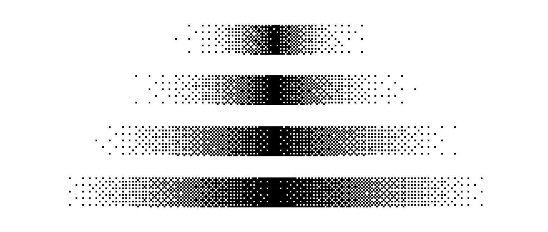 Halftone horizontal gradient border set. Black long dotted frame or divider collection. Pixelated rectangle decoration element for banner, poster, advertisement, card, cover. vector