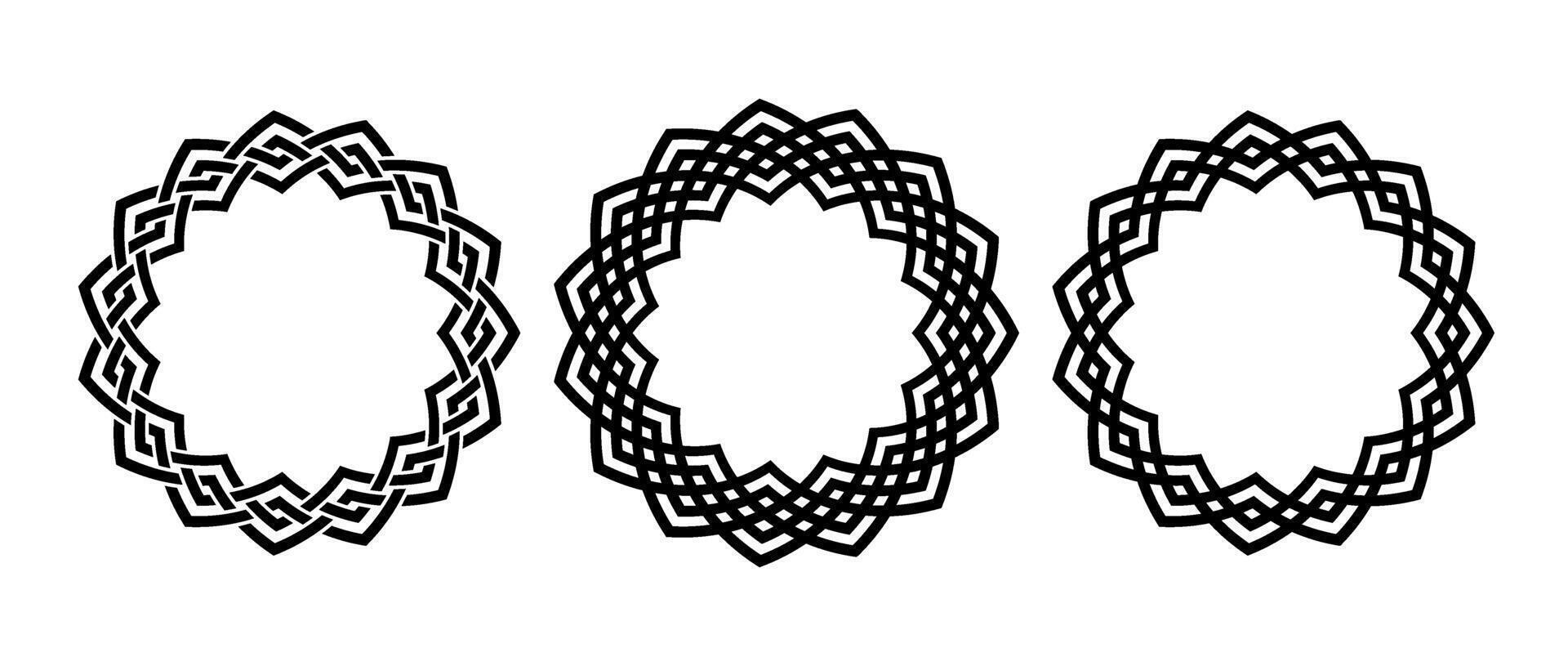 Retro knot circle frame set. Vintage celtic round border collection. Braid and rope ornament and motif pattern for banner, poster, frame. Black circular design elements bundle. vector