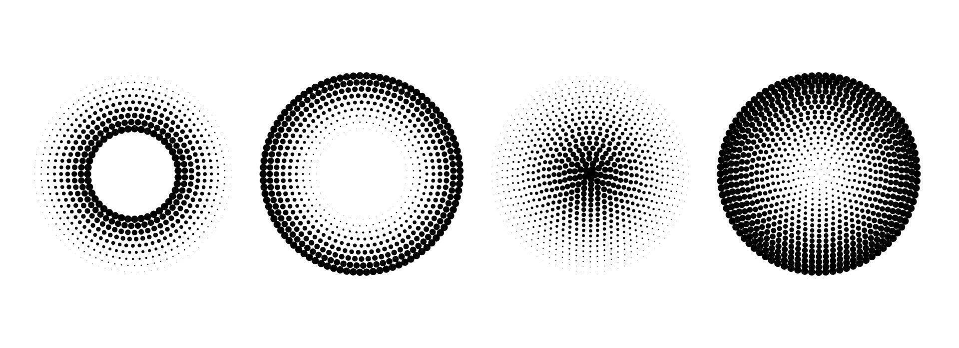 Halftone concentric circle set. Comic grunge texture ring shape collection. Dotted round geometric collection. Radial pop art design elements. Epicenter, target, radar concept. Halftone circles vector