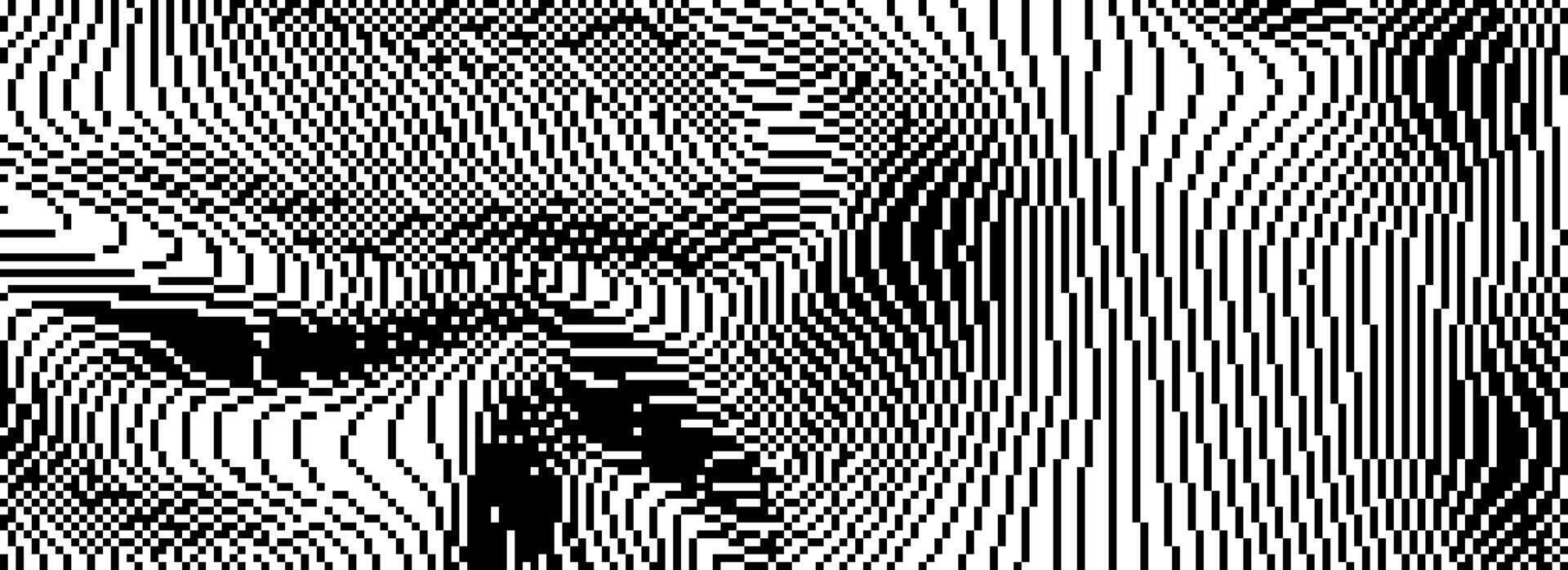 Dithered curved wavy texture. Black pixelated glitch lines background. Digitalized distorted stripes for banner, poster, flyer, brochure, booklet. Abstract rasterized noise overlay wallpaper vector