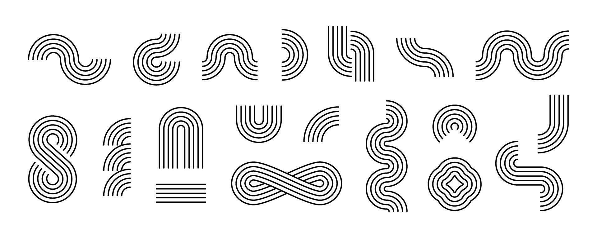 Black boho geometric shape set. Mid century curves, waves and arches collection. Decorative line elements for graphic design template, poster, banner, cover, leaflet. Wavy linear objects vector