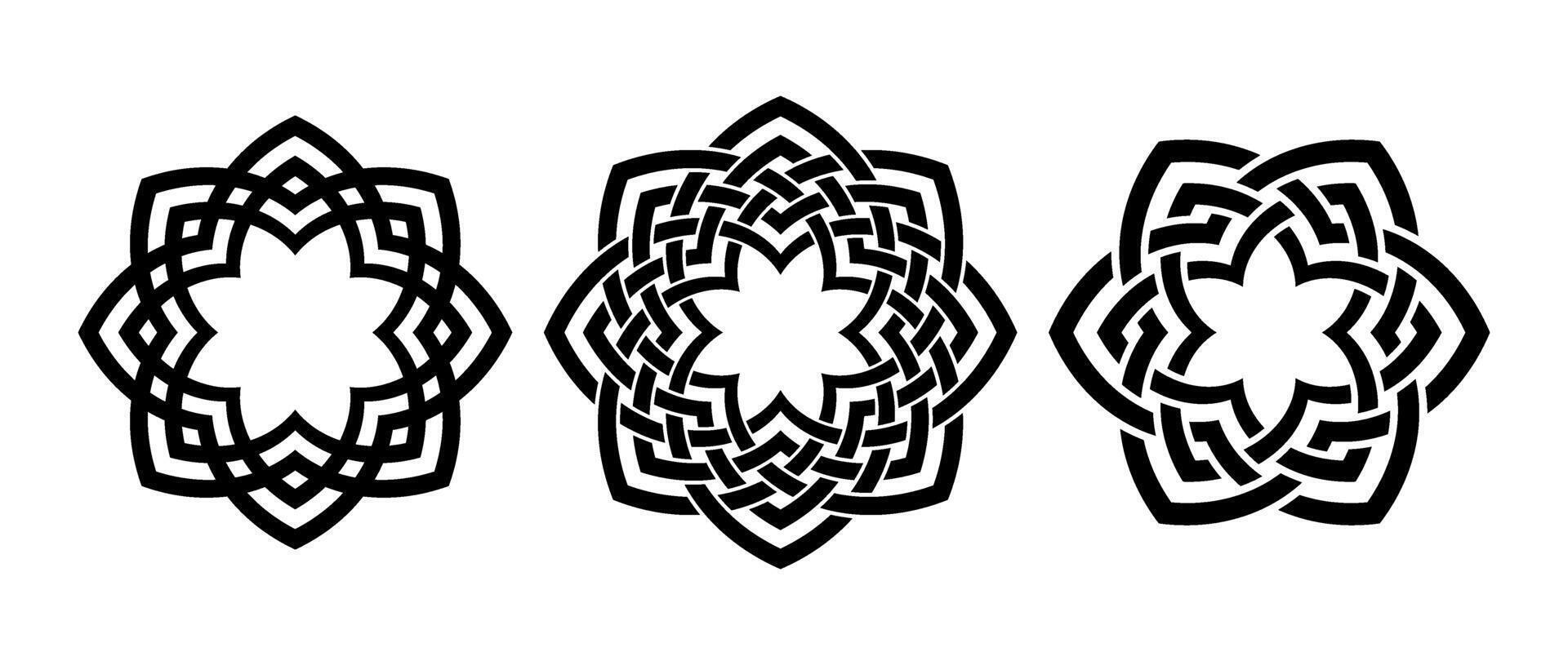 Retro knot circle frame set. Black celtic round border collection. Braid and rope ornament motif pattern for banner, poster, frame. Circular radial weaved flower design elements bundle. vector