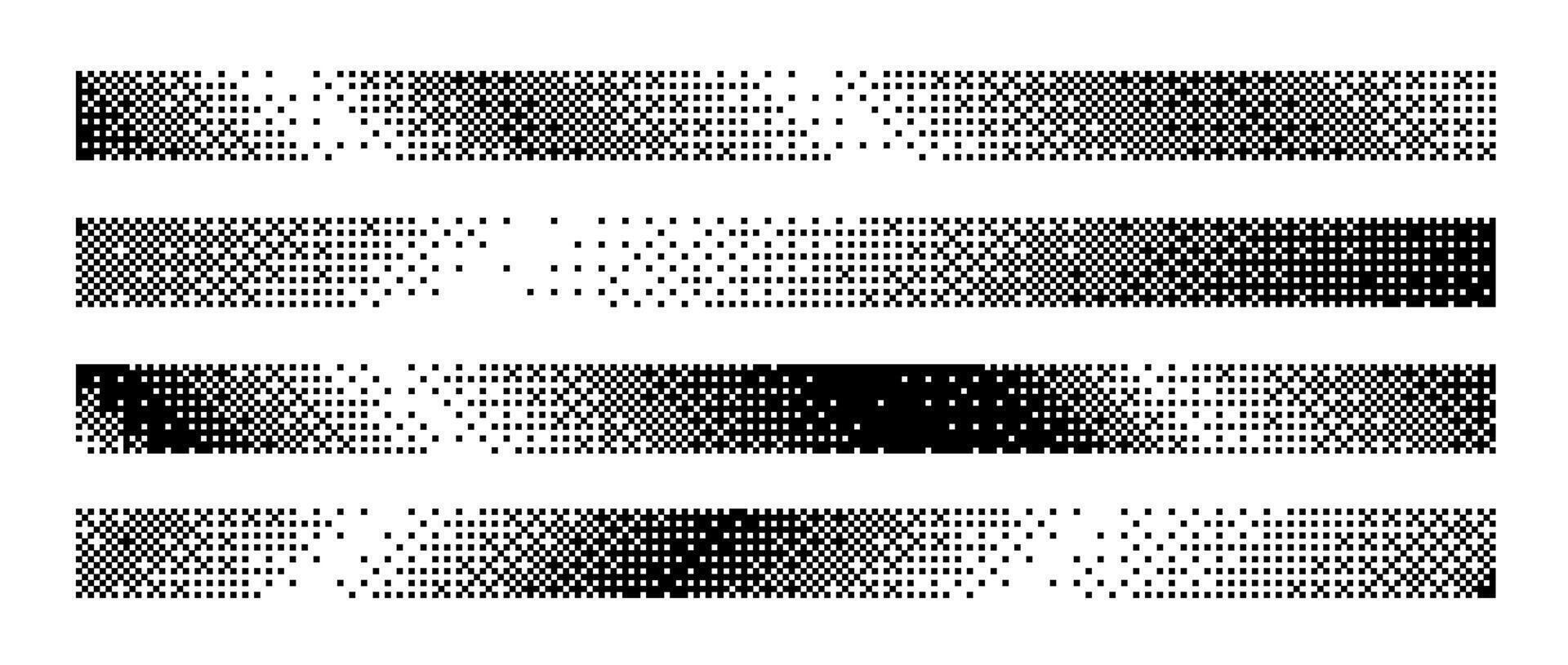 Bitmap slanted gradient border set. Diagonal dotted halftone header or footer collection. Pixelated rectangle decoration element for banner, poster, advertisement, cover. Horizontal stripes vector
