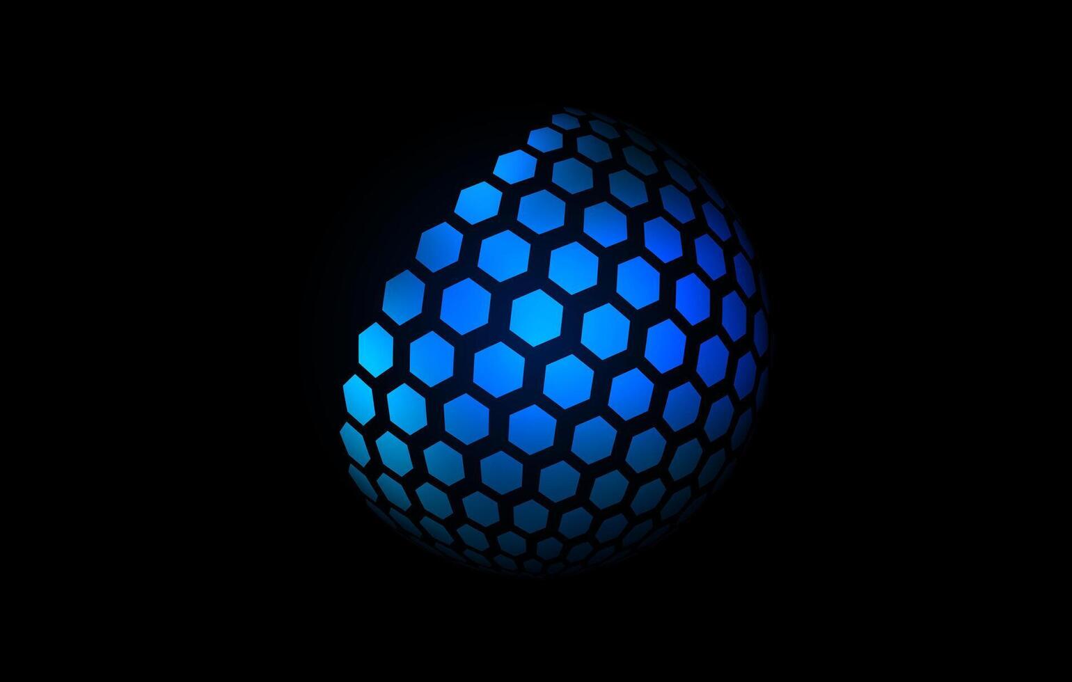 Blue neon hexagon pattern sphere. 3d halftone hemisphere concept. Grid globe futuristic element. Round shape for tech poster, banner, cover, emblem, logo. vector