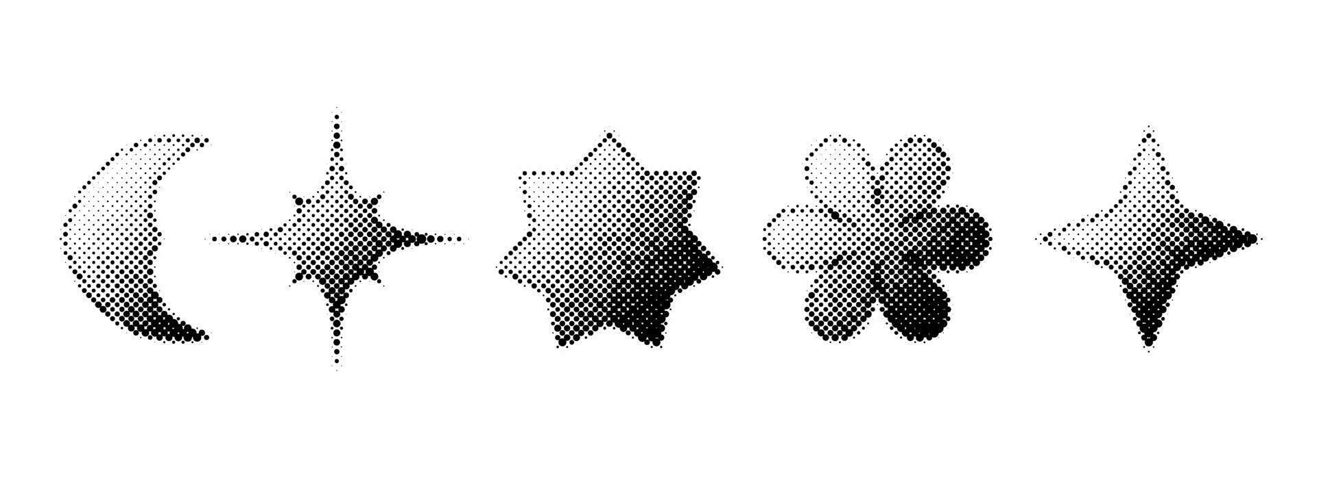 Halftone grain stars set. Dotted grunge geometric shape collection. Y2K bitmap gradient elements bundle. Pixel comic burst and sparkle elements for graphic design, poster, banner. vector