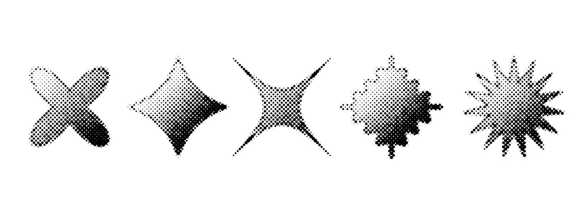 Halftone grain gradient star set. Dotted grunge geometric shape collection. Y2K bitmap element bundle. Pixel comic burst and sparkle elements for graphic design, poster, banner, flyer. vector