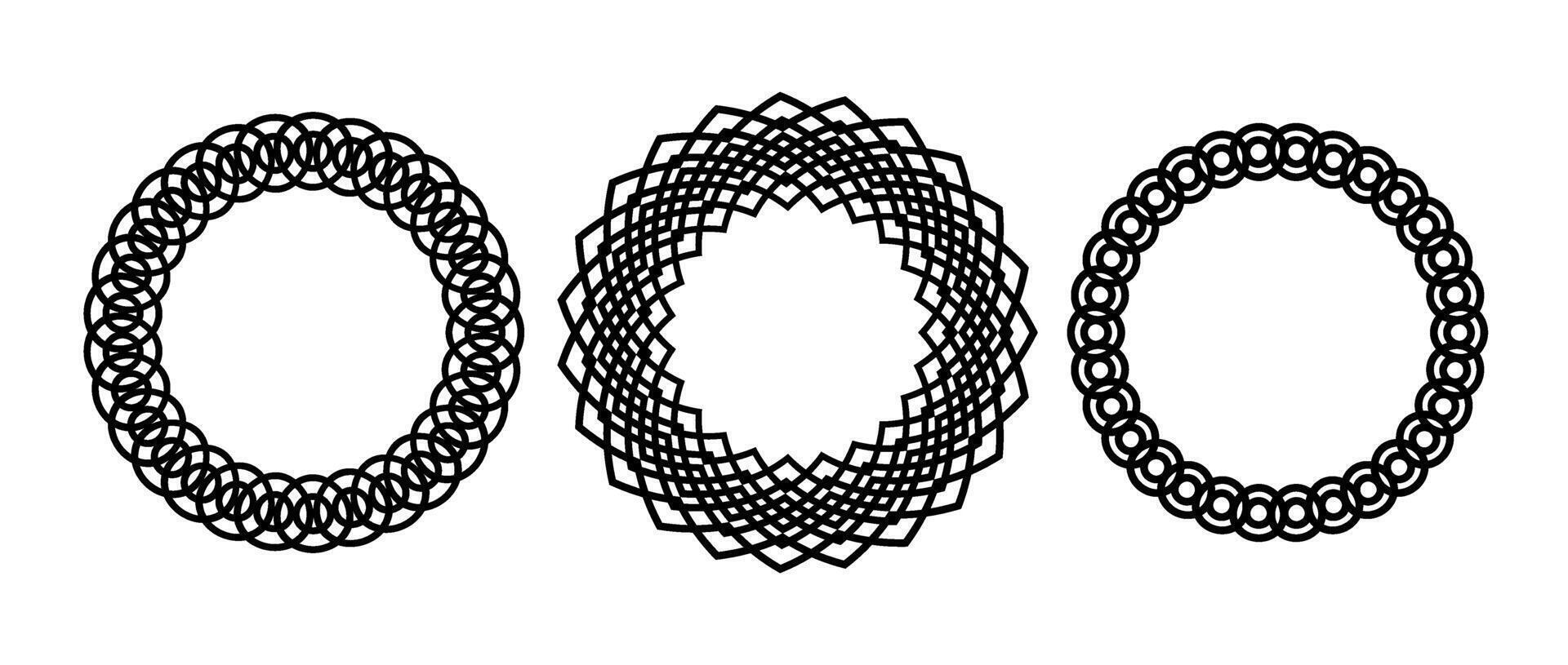 Retro knot circle frame set. Black celtic round border collection. Braid and rope ornament and motif pattern for banner, poster, frame. Circular weave design elements bundle. vector