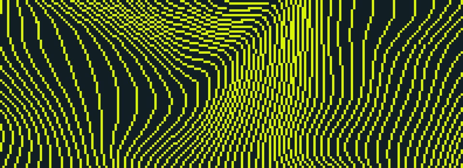 Neon dithered curved wavy texture. Black and yellow pixelated glitch lines background. Digitalized distorted stripes for banner, poster, flyer, booklet. Abstract rasterized overlay wallpaper vector