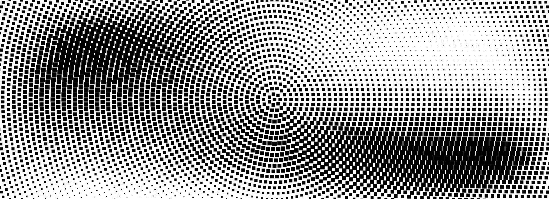 Halftone radial dotted background. Square dots comic gradient texture. Concentric dirt gradation wallpaper. Black white rough grit overlay. Grunge gritty circular pop art cartoon backdrop vector