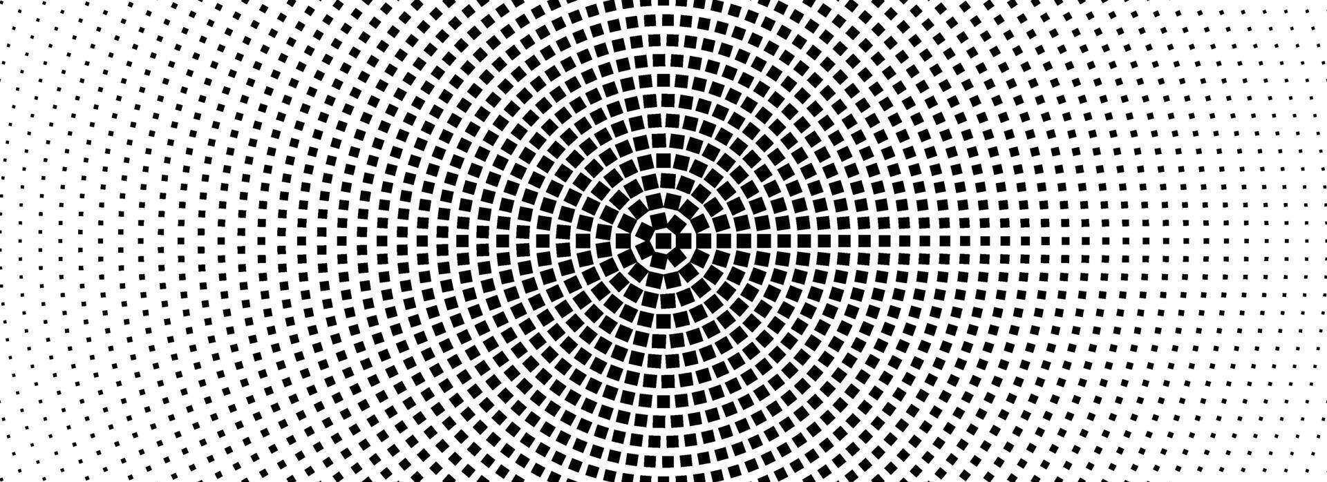 Halftone concentric dotted background. Square dots comic gradient texture. Radial fading gradation wallpaper. Black and white rough gritty overlay. Grunge circular pop art monochrome backdrop vector
