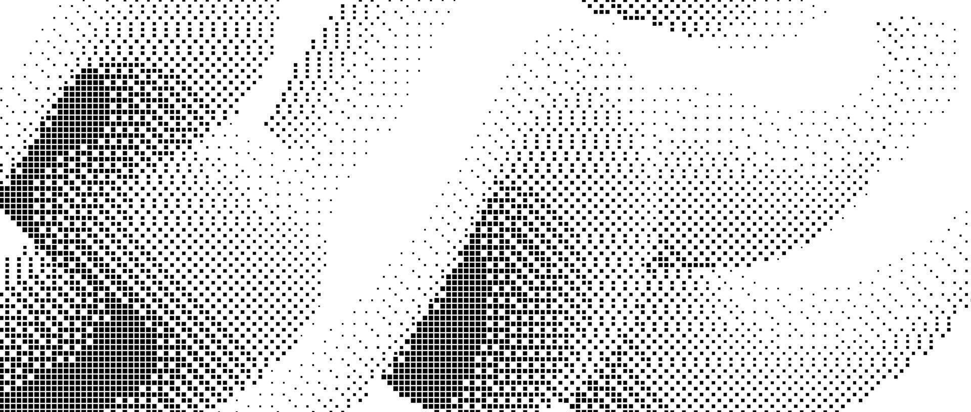 Black pixelated gradient undulate shape. Dotted dither squiggle texture background. Fluid curvy form for banner, poster, leaflet, brochure. Abstract rasterized overlay wallpaper. Comic backdrop vector