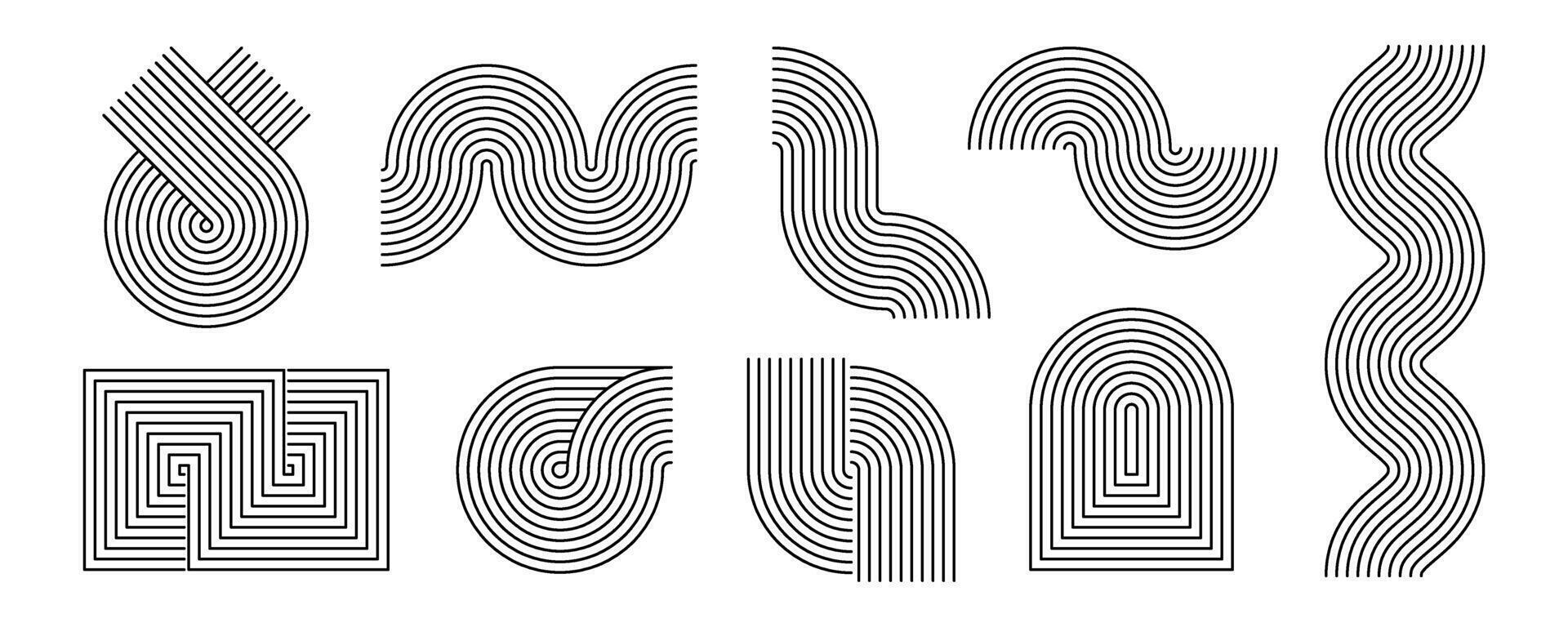 Black linear boho style waves and shapes set. Mid century curves and arches collection. Decorative line arc elements for graphic design template, poster, banner, cover. Wavy zigzag objects vector