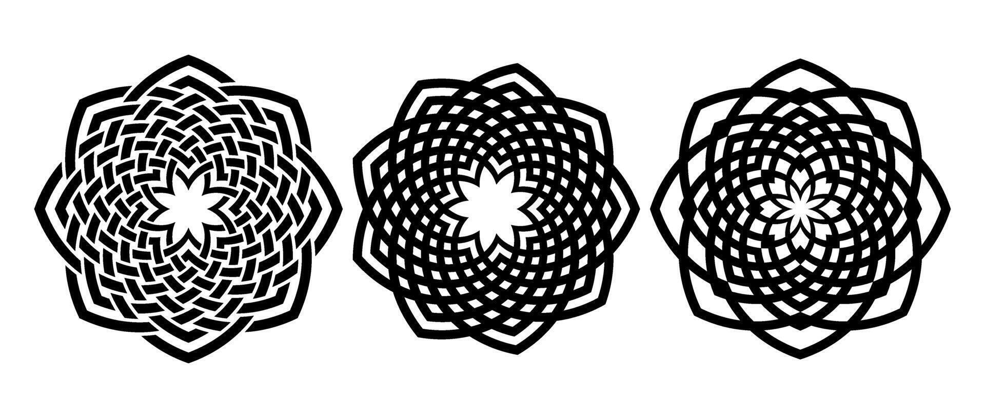 Retro knot circle frame set. Black celtic round border collection. Braid rope ornament motif pattern for banner, poster, frame. Circular radial weaved flower design elements bundle. vector