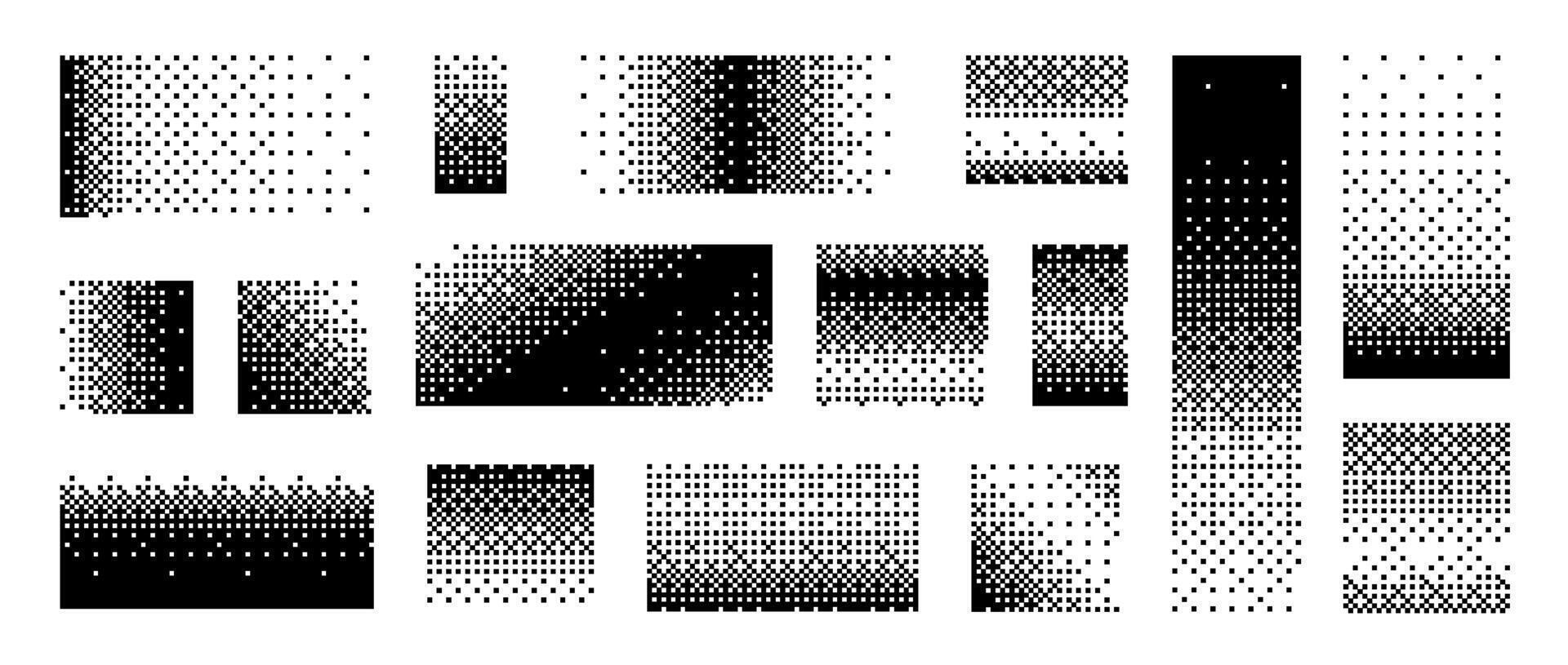 Bitmap gradient border set. Black dotted halftone collection. Pixelated rectangle and square decoration element for banner, poster, advertisement, card, cover. Geometric shapes vector