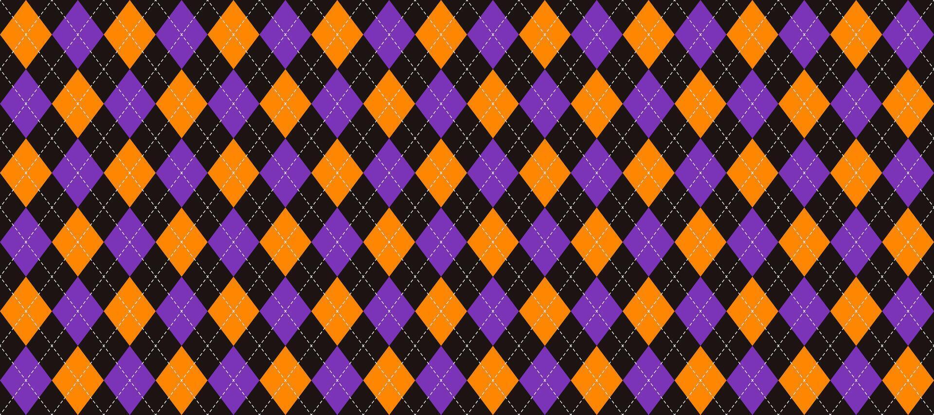Orange, purple and black seamless argyle pattern. Halloween rhombus repeated texture background. Stitched diamond forms for textile design, fabric print, wrapping paper, clothes. vector