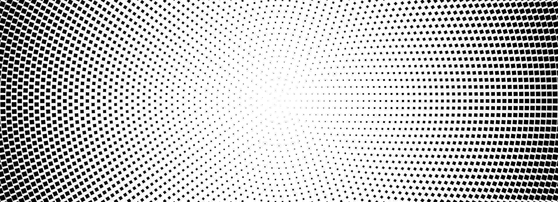 Halftone concentric dotted background. Square dots comic gradient texture. Radial fading gradation wallpaper. Black and white rough grit overlay. Grunge circular pop art monochrome backdrop vector