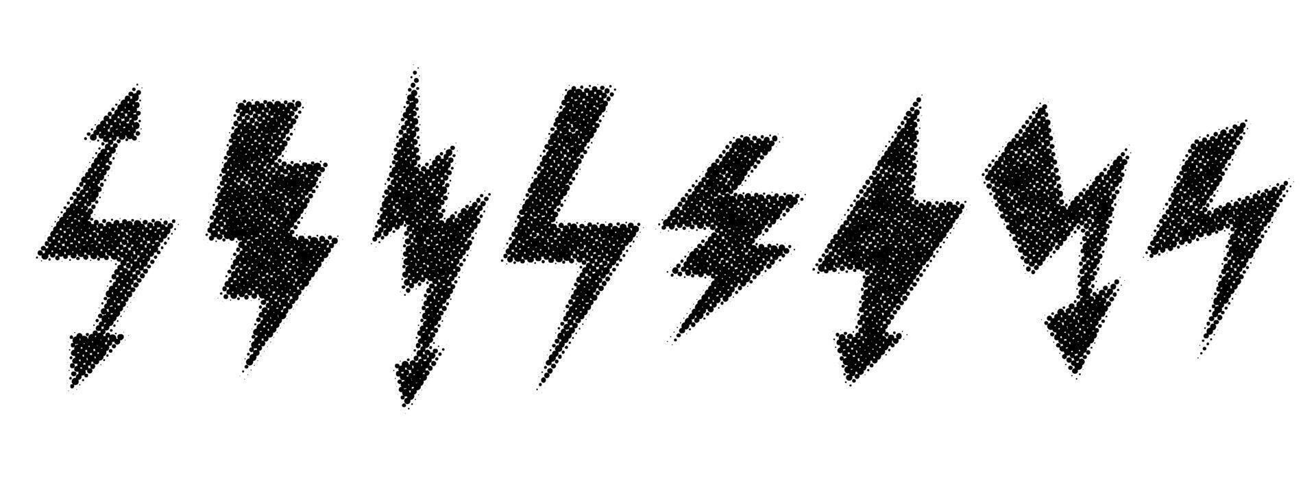 Halftone grunge lightning bolt set. Dotted thunder bolt symbol collection. Rough pixel flash thunderbolt element pack for poster, banner, graphic design. Textured grain arrow sign bundle. vector