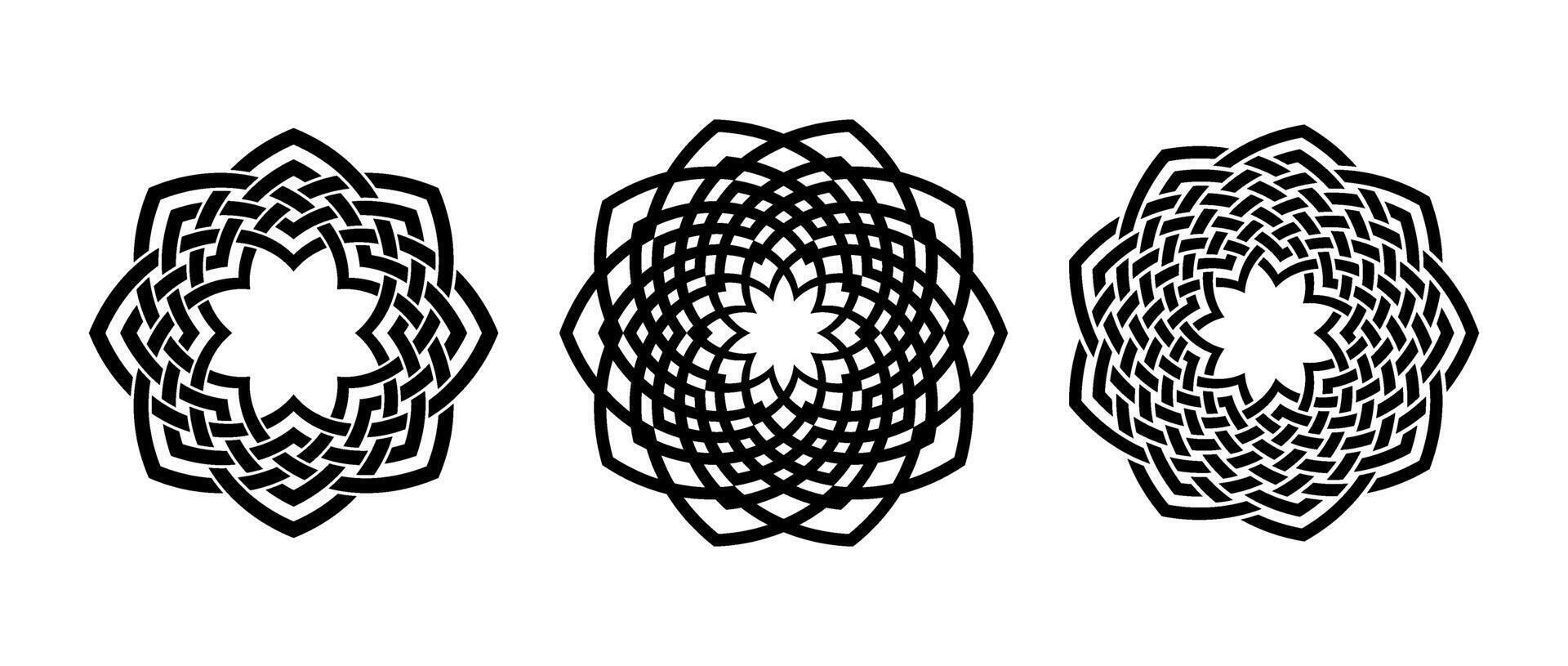 Retro knot circle frame set. Black celtic round border collection. Braid and rope ornament motif pattern for banner, poster, frame. Circular radial weaved design elements bundle. vector