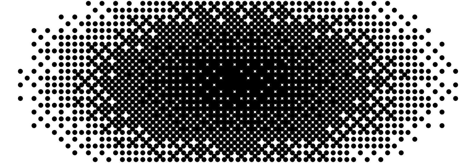 Bitmap radial gradient texture. Black and white dither oval pattern background. Fading pixelated glitch pattern. 8 bit game screen wallpaper. Vanishing ellipse pixel art retro backdrop. vector