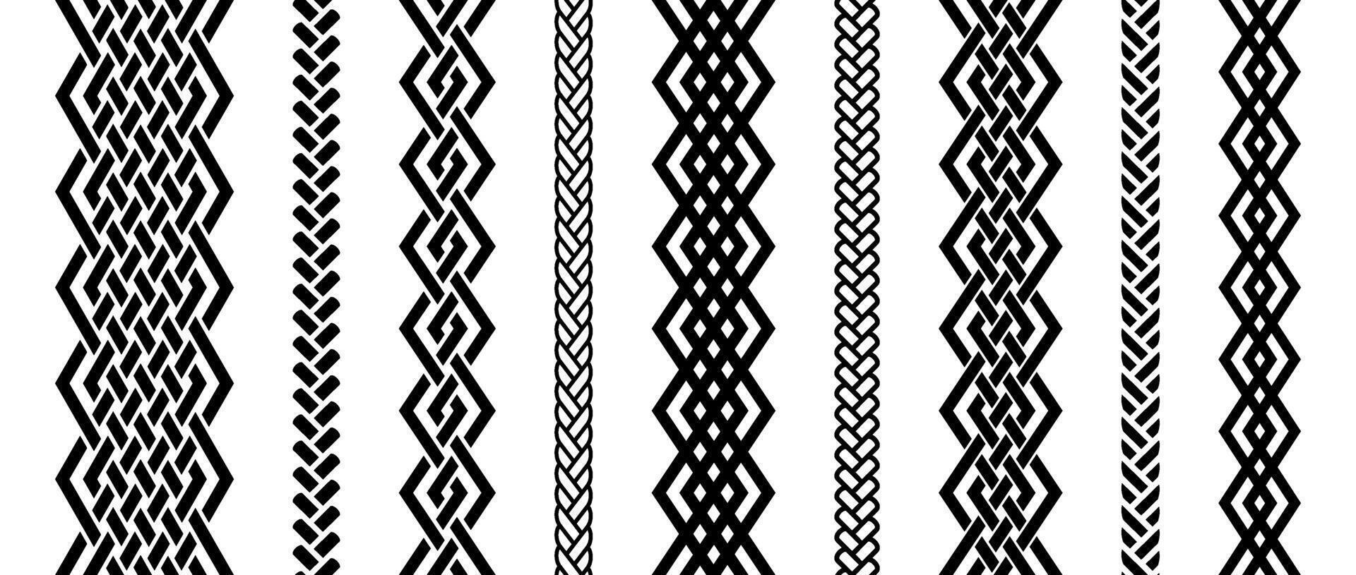 Seamless retro knot border set. Black repeating celtic divider or separator collection. Braid rope ornament motif pattern for banner, poster, frame. weaving design element bundle. vector