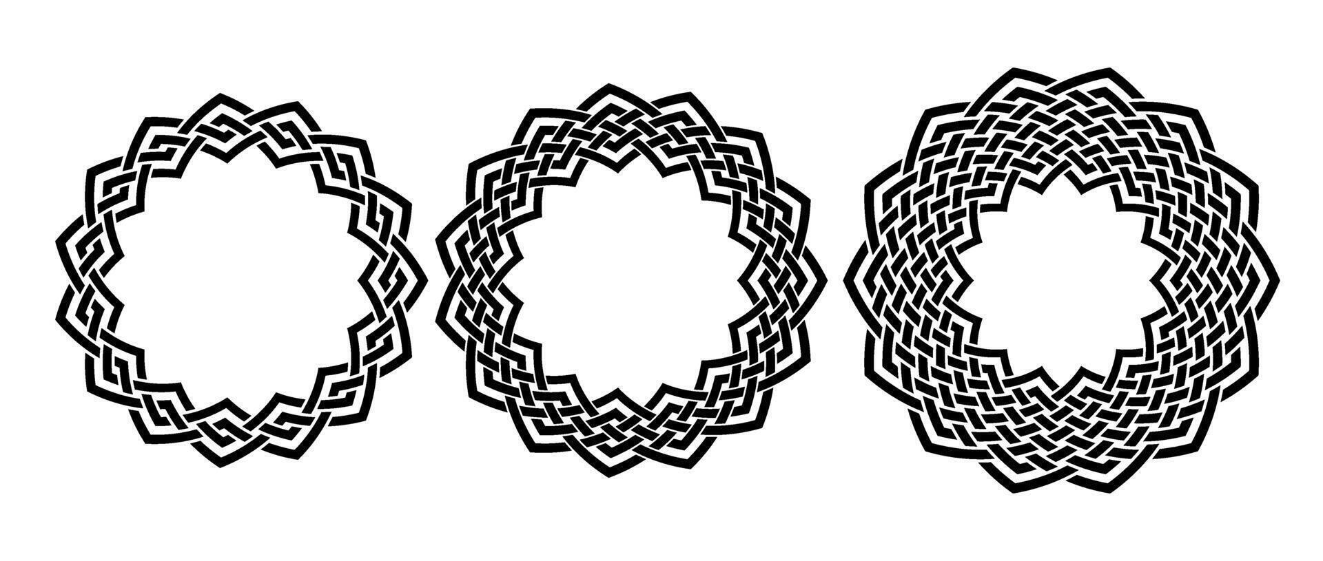 Retro knot circle frame set. Black celtic round border collection. Braid and rope ornament and motif pattern for banner, poster, frame. Circular design elements bundle. vector