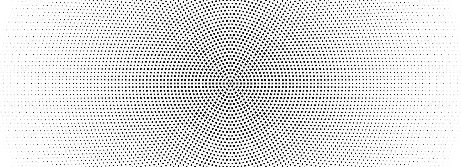 Halftone concentric dotted background. Square dots comic gradient texture. Radial fading gradation wallpaper. Black white rough grit overlay. Grunge gritty circular pop art cartoon backdrop vector