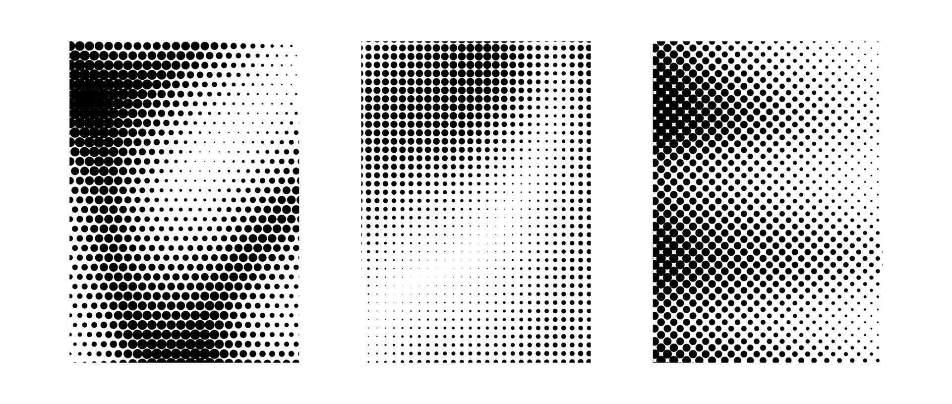 Grunge halftone gradient background set. Black grit sand noise texture collection. Retro dotted pixel backdrop pack. Cartoon polka dot overlay with raster effect for banner, poster, flyer vector