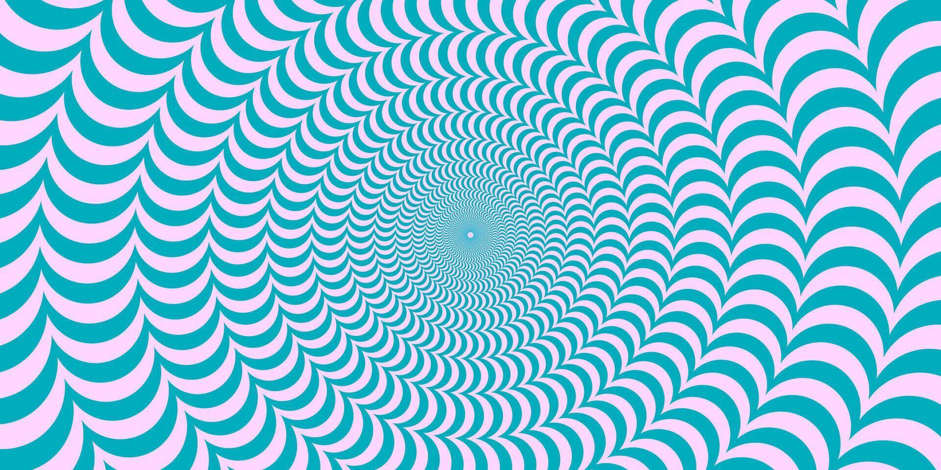 Blue and pink abstract wavy line surface. Radial distorted waves poster design. Optical illusion background. Trippy sunburst wallpaper. Spinning hypnotic illustration vector
