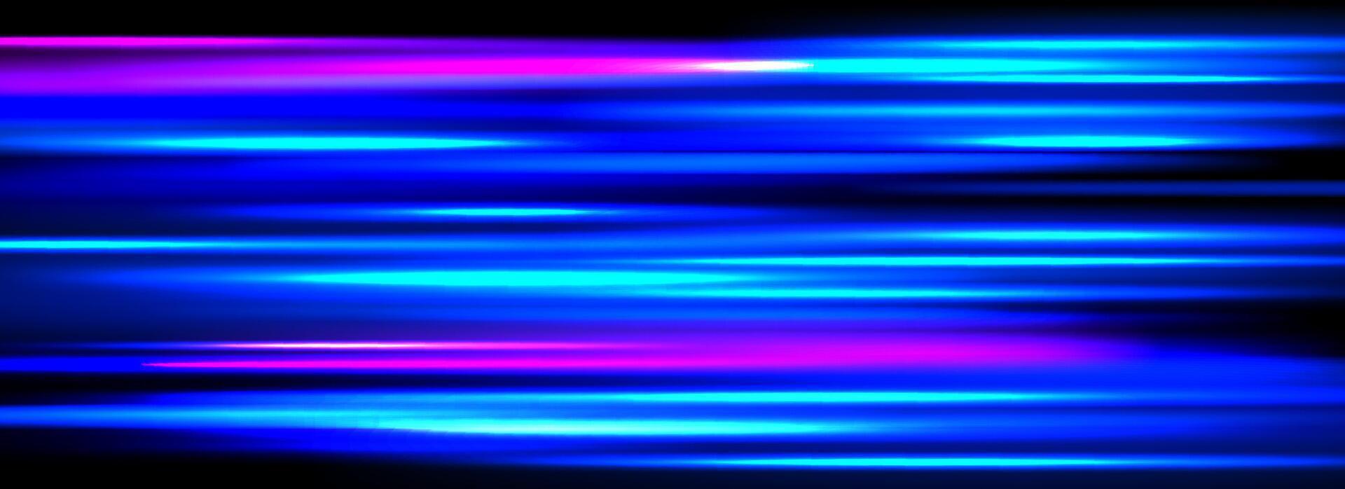 Neon glowing horizontal stripes background. Bright blue speed light effect. Magic trail flare lines texture. Luminous laser beams and rays wallpaper design. Sparkling neon streaks backdrop vector