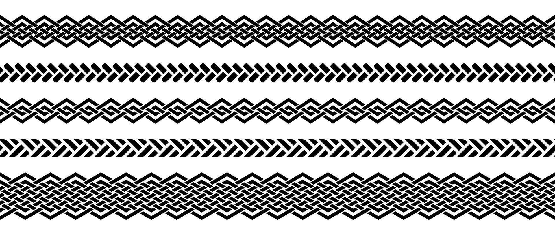 Seamless retro knot border set. Black repeating celtic divider or separator collection. Braid rope ornament motif pattern for banner, poster, frame. weaved design elements bundle. vector
