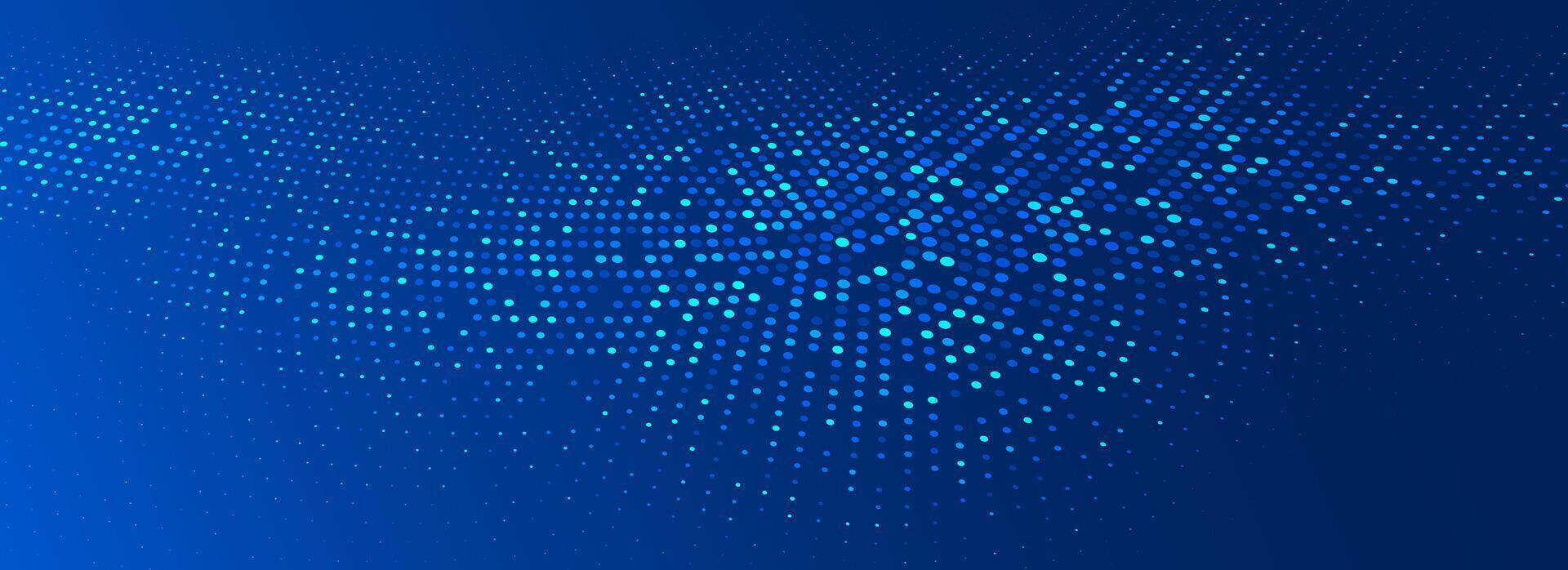 Glowing blue dotted wallpaper. Abstract curved round dot grid texture. Circle halftone pattern background. Dark navy backdrop for technology, business, science, healthcare, medicine design vector