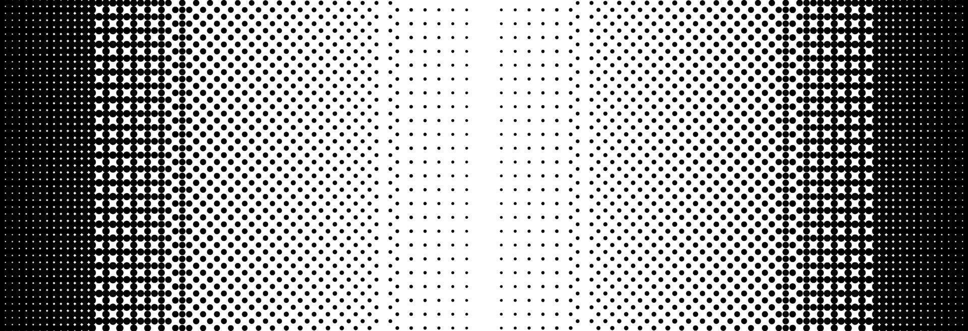 Pixelated bitmap gradient texture. Black and white dither pattern background. 8 bit game screen wallpaper. Retro glitchy pixel art illustration. Abstract wide dithering border vector
