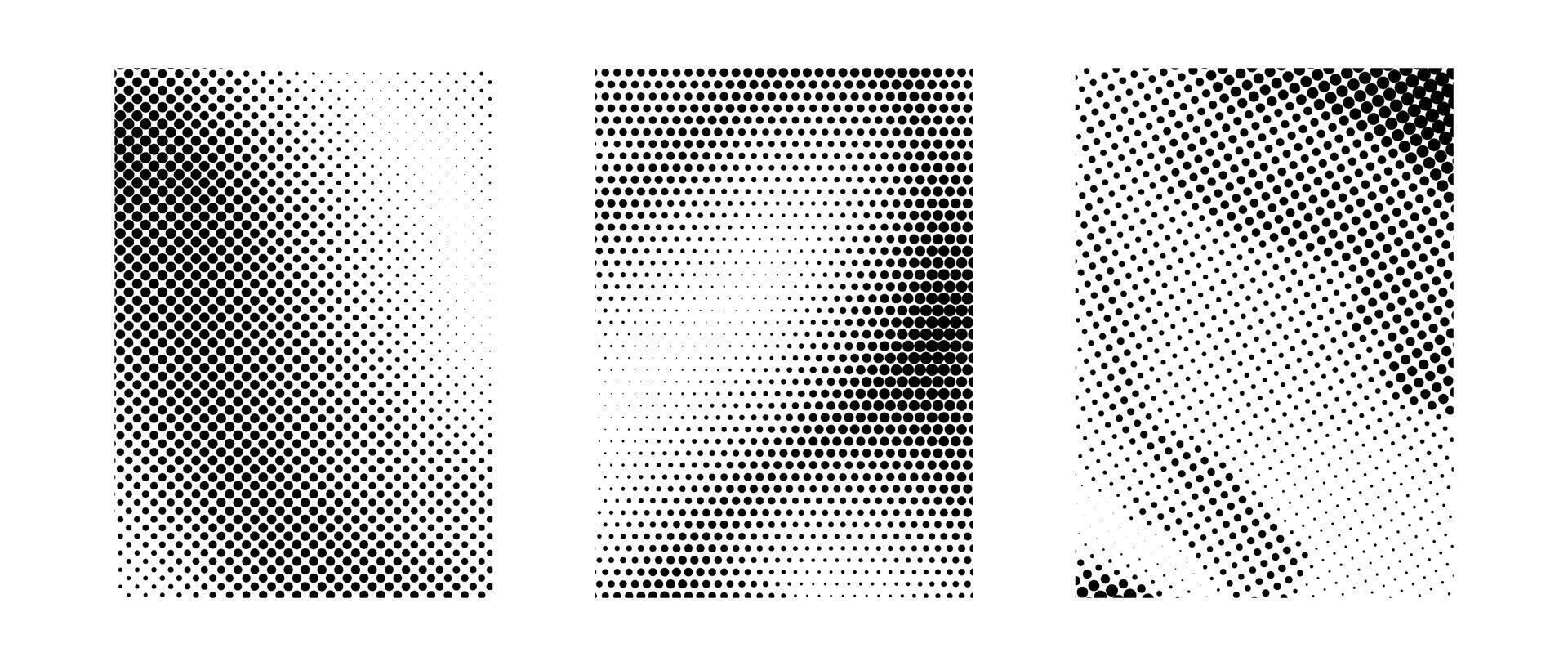 Black and white grunge halftone gradient set. Gritty sand noise texture collection. Retro dotted pixel backdrop pack. Comic polka dot overlay with raster effect for banner, poster, flyer. vector