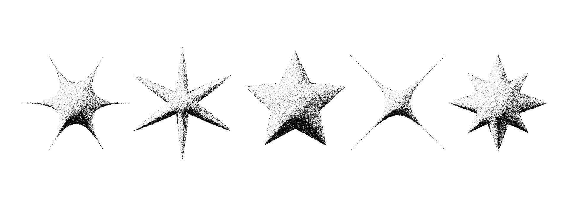 Black stippled star set. 3d dotted textured flares and sparkles collection. Halftone grainy noise starburst shape bundle. Dot work grunge asterisks and stars element pac for poster, banner. vector
