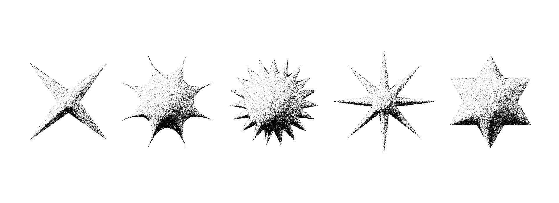 Black stippled stars collection. 3d dotted textured sparkles and flares set. Halftone grain noise starburst shape bundle. Dot work grunge asterisks and stars elements for poster, banner, flyer vector