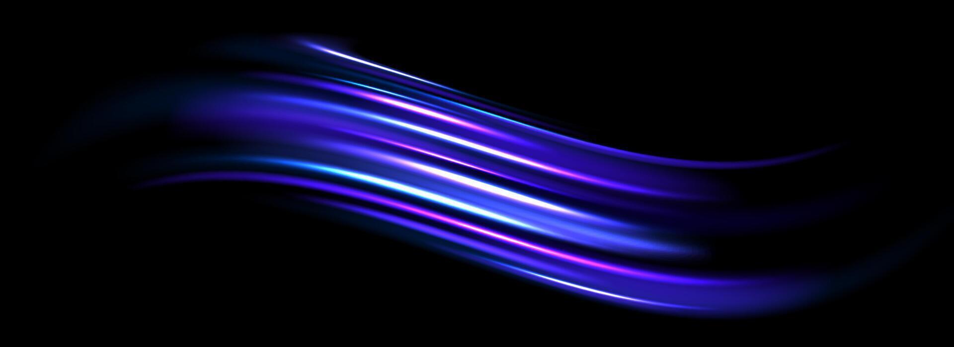 Glowing neon light trail background. Iridescent blue swoosh speed lines. Magic luminous curved swirl wallpaper. Abstract dynamic motion stripes. Bright streaks for poster, banner, flyer vector